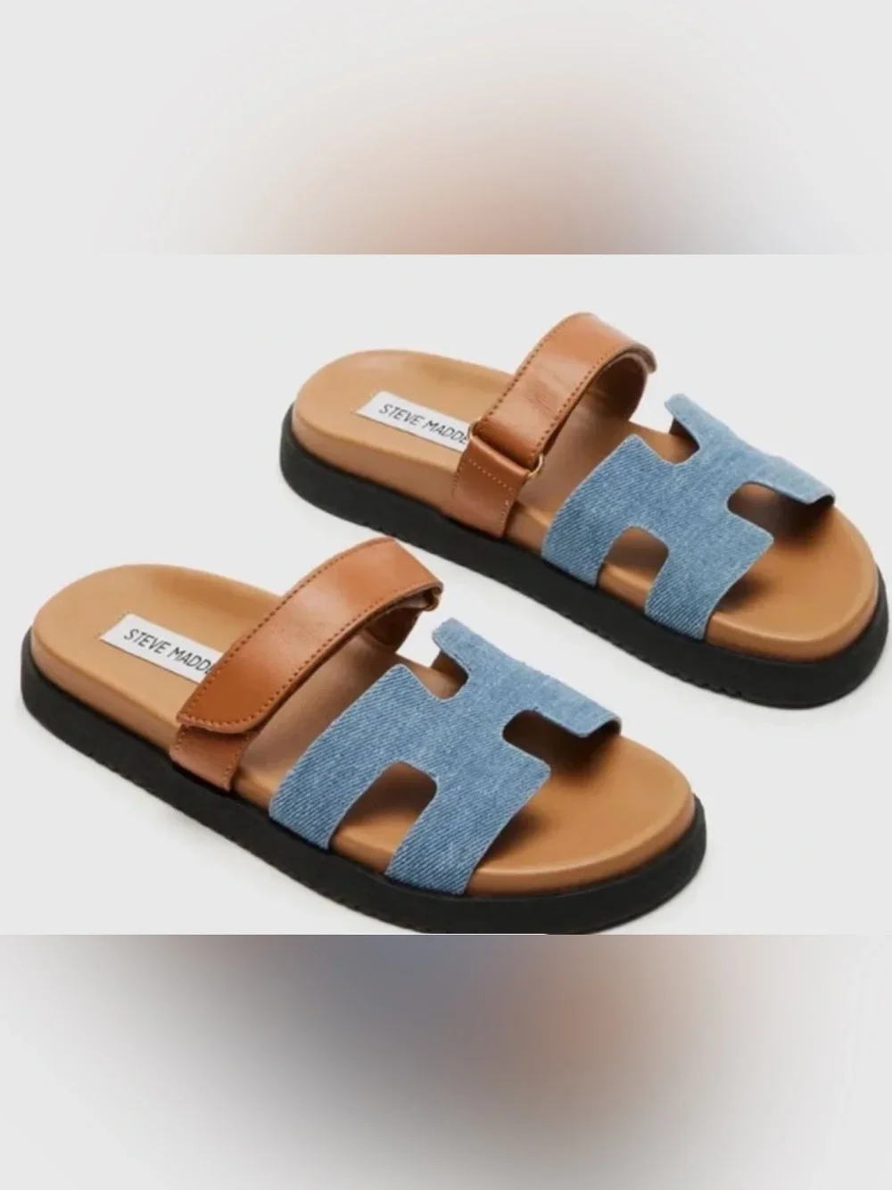 Steve Madden “Mayven” Light Blue Denim and Tan Leather Slide Sandals